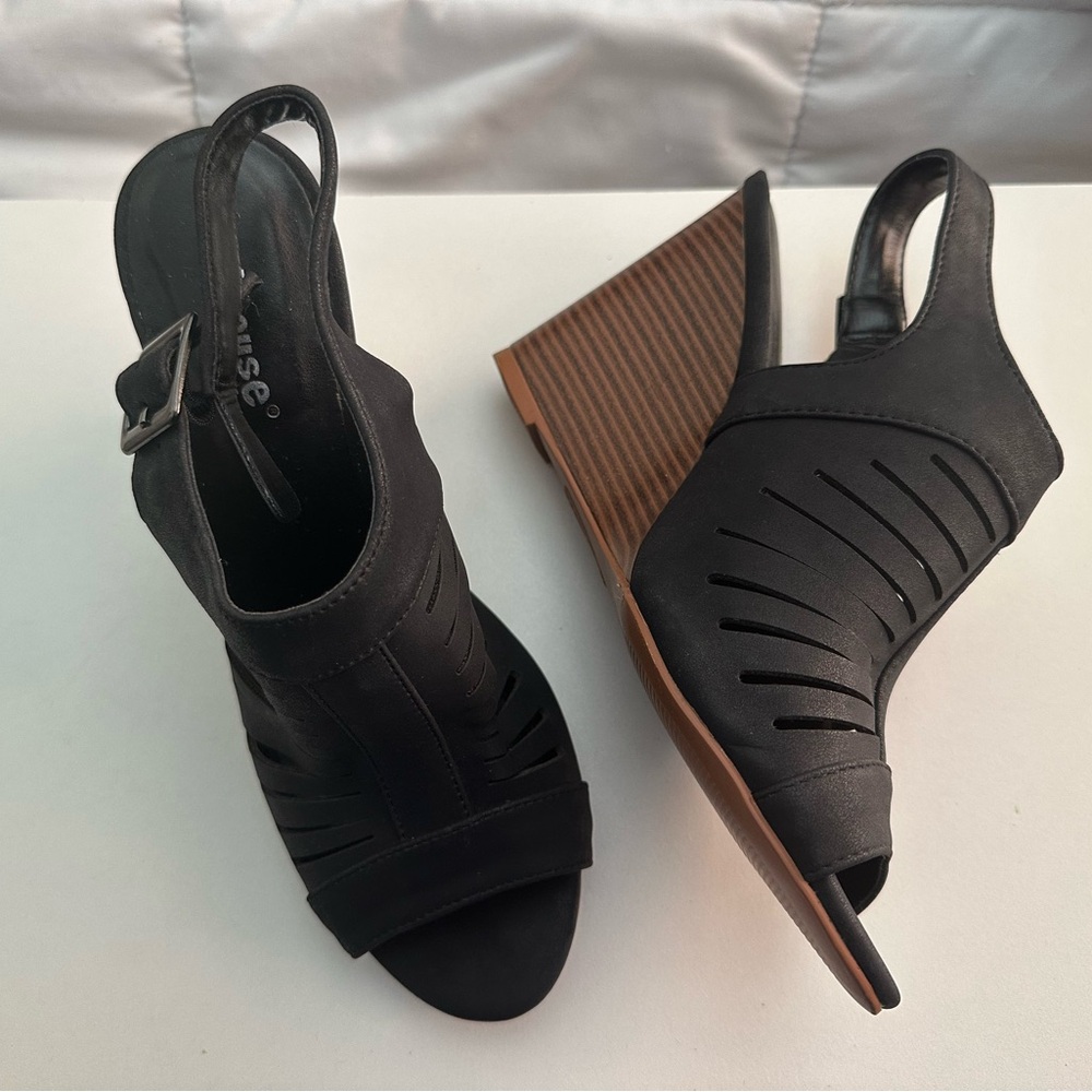 Dollhouse Black and Brown Wedge Sandals with Suede-like Finish